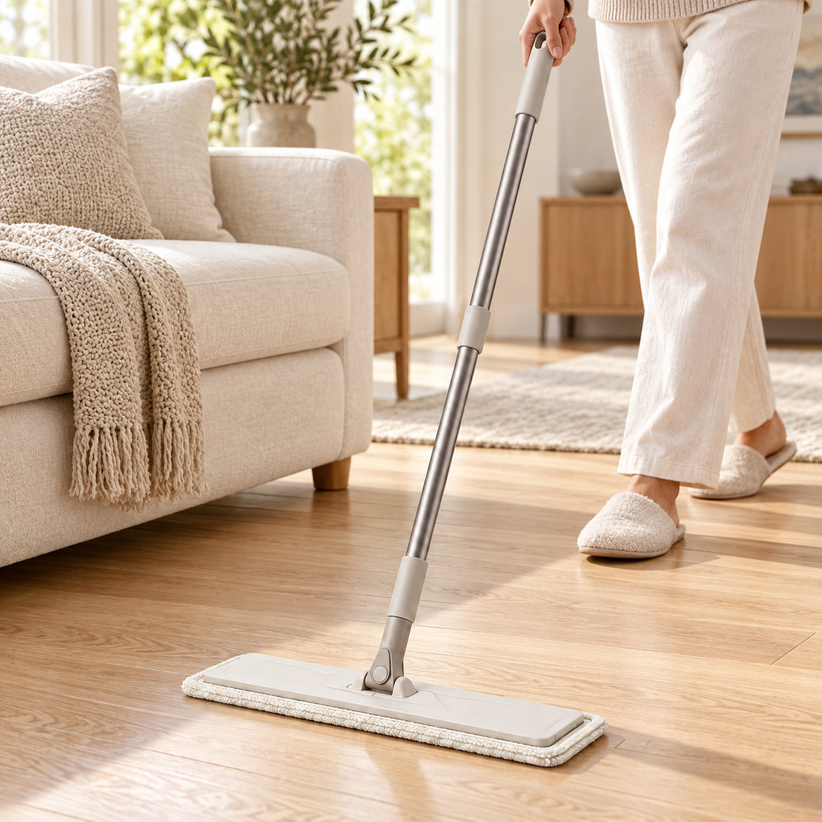 Hunitere Light Gray Flat Mop with Slim Handle and Wide Cleaning Pad