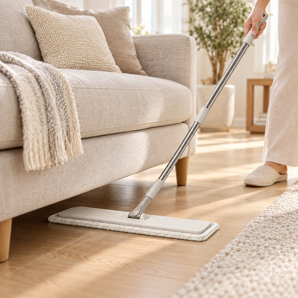 Hunitere Light Gray Flat Mop with Slim Handle and Wide Cleaning Pad