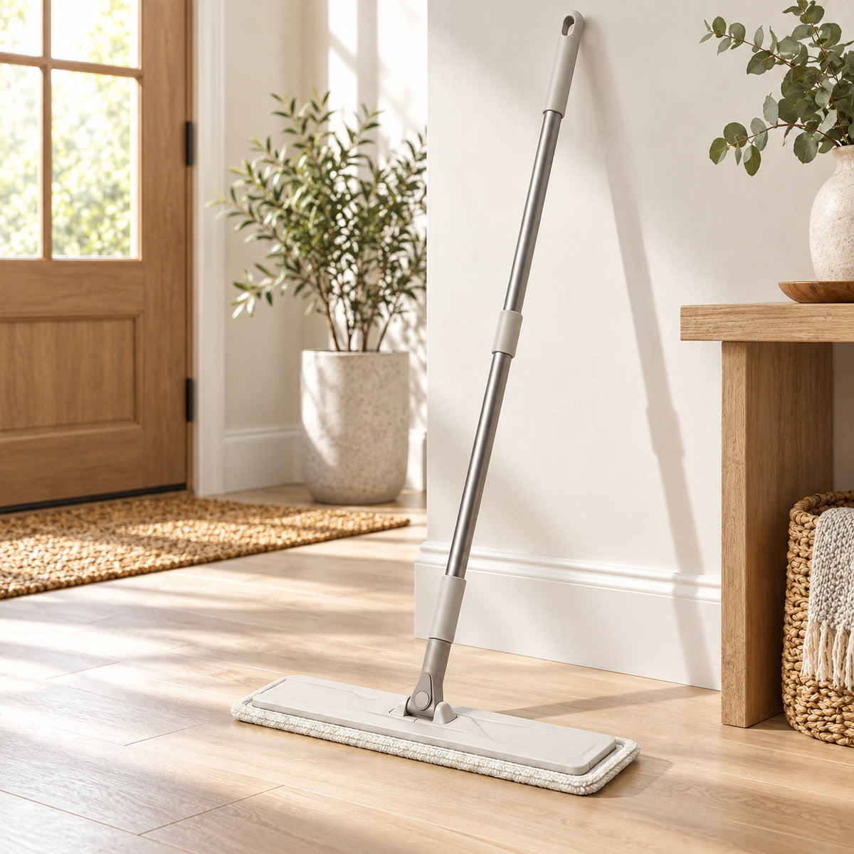 Hunitere Light Gray Flat Mop with Slim Handle and Wide Cleaning Pad