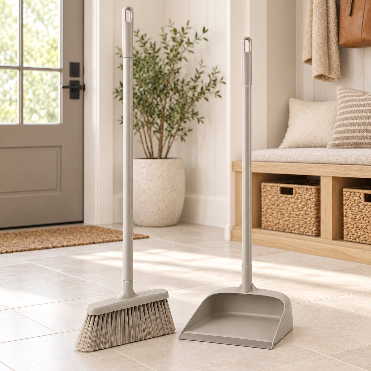 Hunitere Light Gray Broom and Dustpan Set with Long Handles