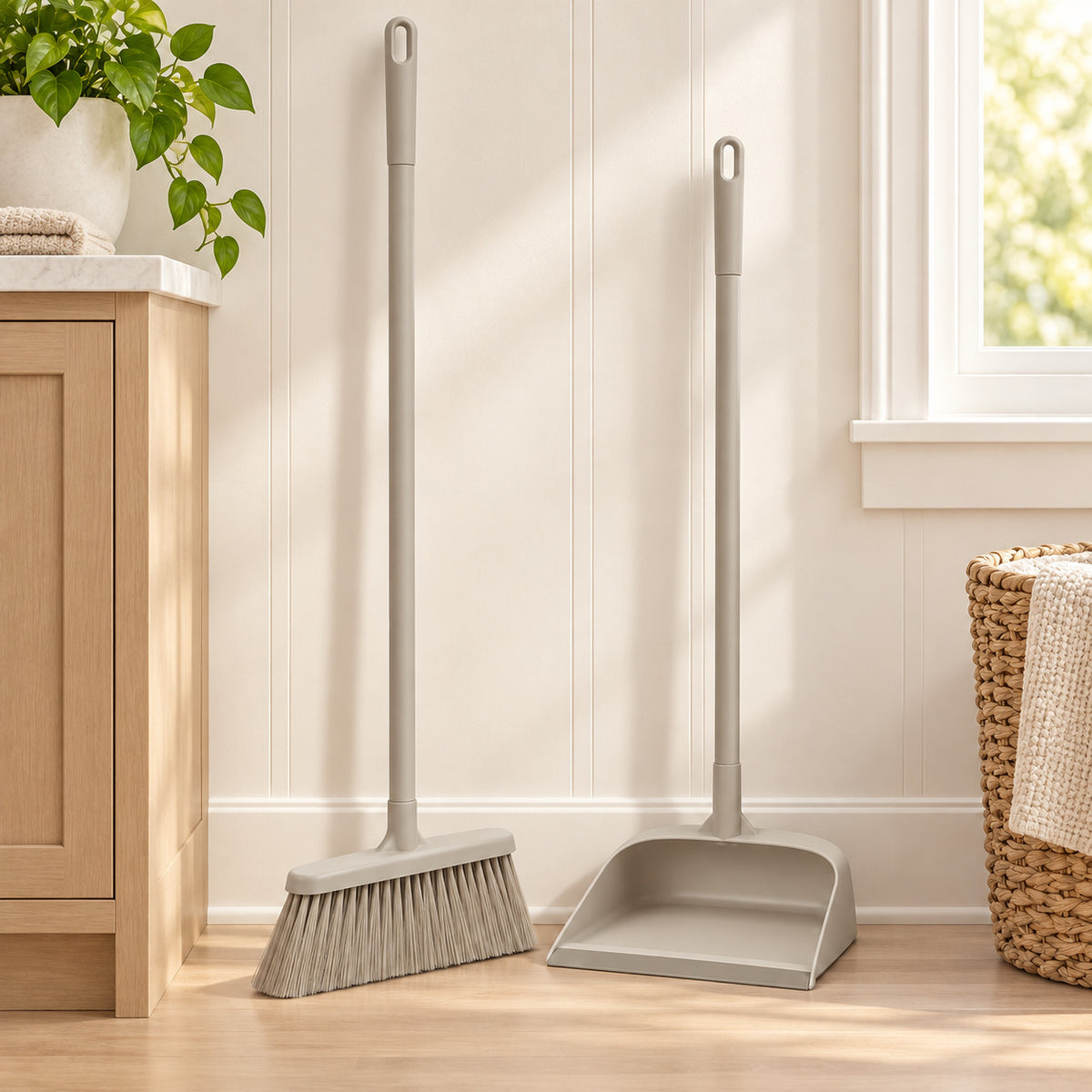 Hunitere Light Gray Broom and Dustpan Set with Long Handles