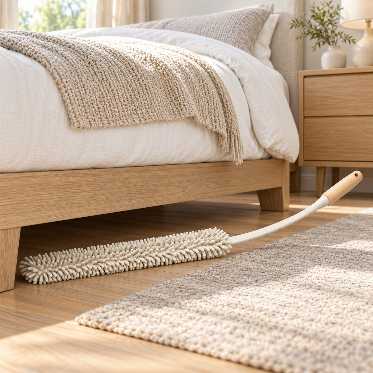 Hunitere Cream Chenille Duster with Curved Handle and Wood-Look Grip
