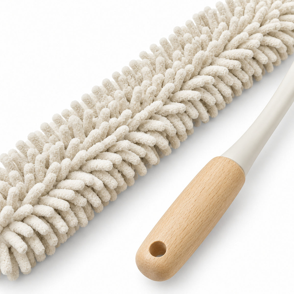 Hunitere Cream Chenille Duster with Curved Handle and Wood-Look Grip