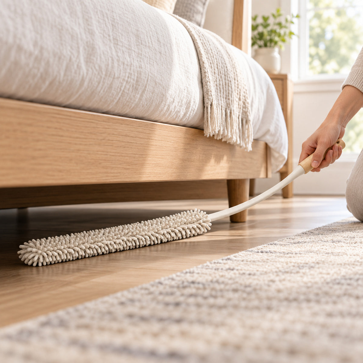 Hunitere Cream Chenille Duster with Curved Handle and Wood-Look Grip