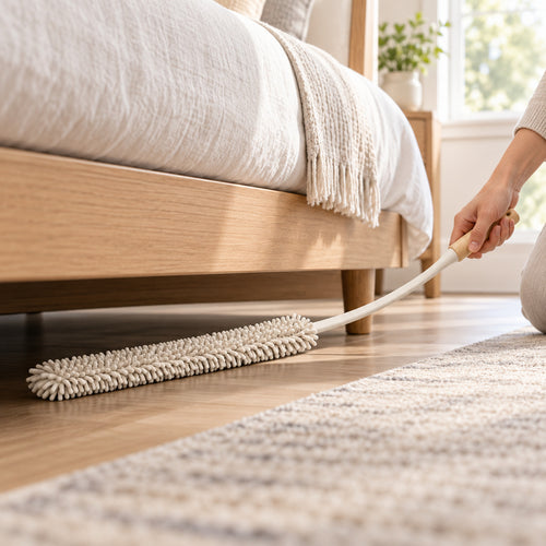 Hunitere Cream Chenille Duster with Curved Handle and Wood-Look Grip