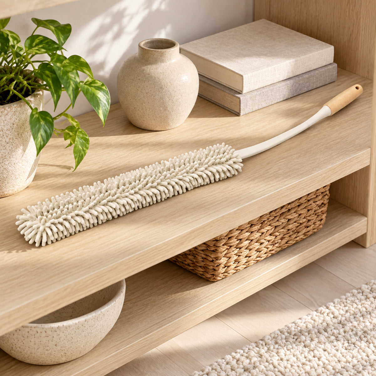 Hunitere Cream Chenille Duster with Curved Handle and Wood-Look Grip