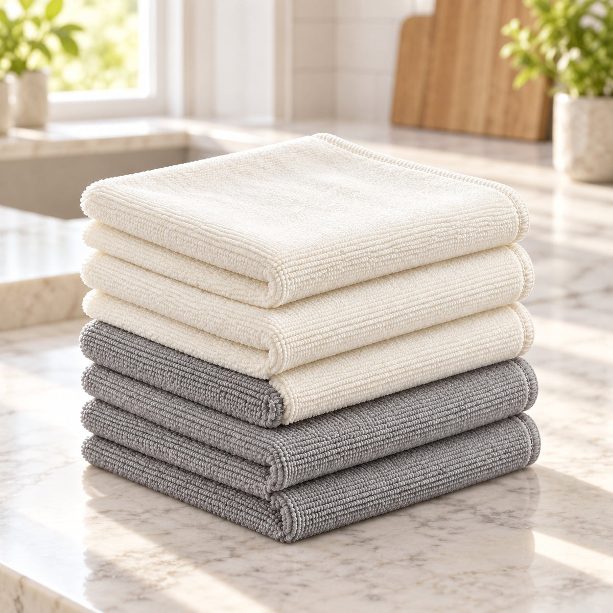 Hunitere Cream and Gray Microfiber Cleaning Cloth Set with Folded Stack Design