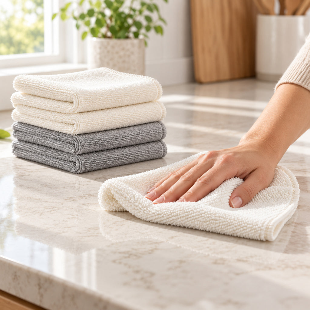 Hunitere Cream and Gray Microfiber Cleaning Cloth Set with Folded Stack Design