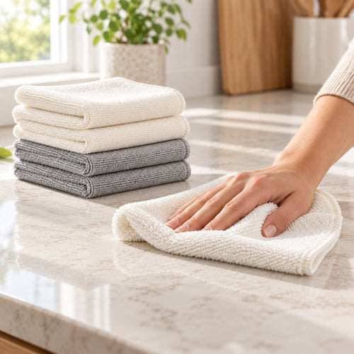 Hunitere Cream and Gray Microfiber Cleaning Cloth Set with Folded Stack Design