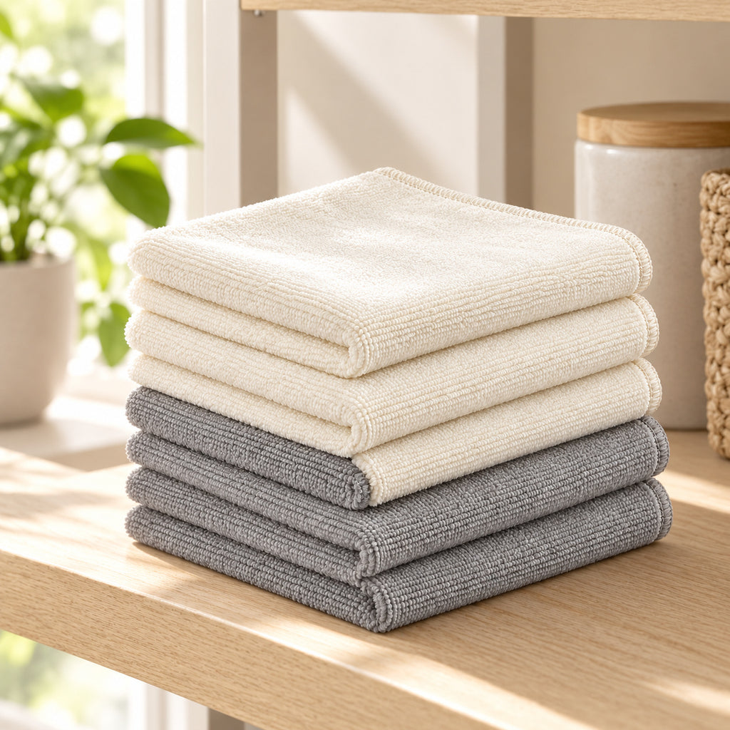 Hunitere Cream and Gray Microfiber Cleaning Cloth Set with Folded Stack Design