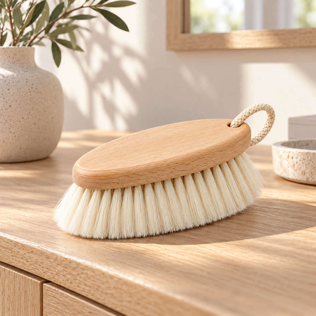 Hunitere Wood-Look Cleaning Brush with Cream Bristles and Rope Loop