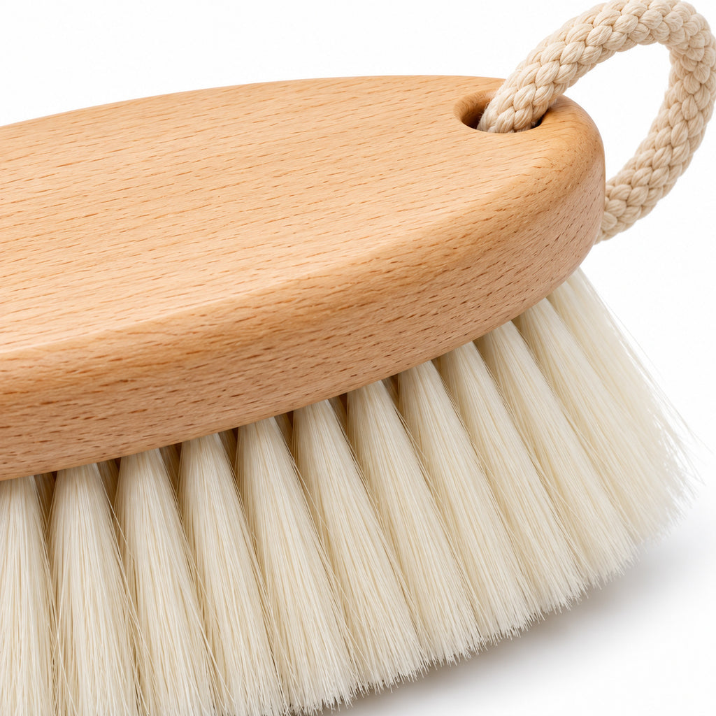 Hunitere Wood-Look Cleaning Brush with Cream Bristles and Rope Loop
