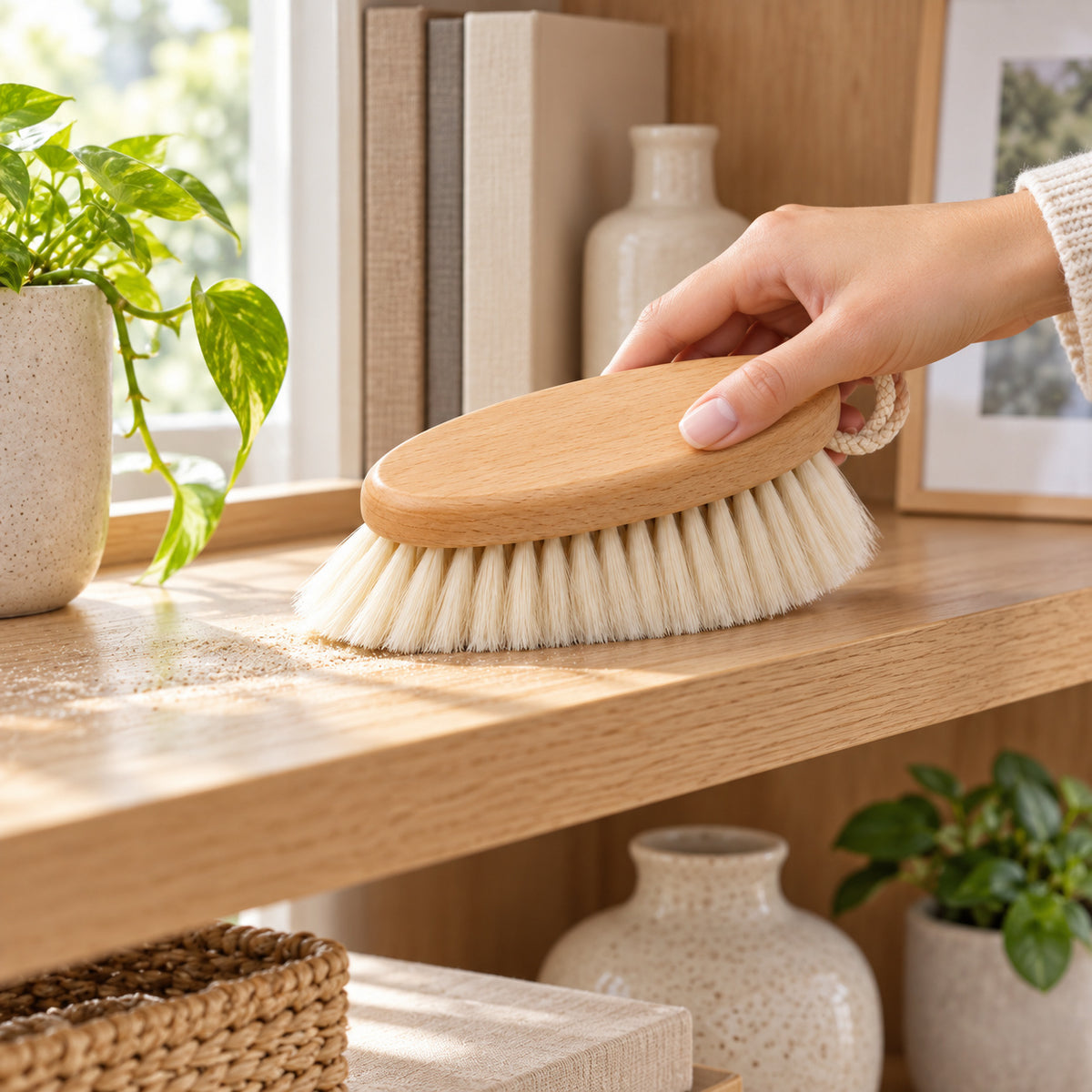Hunitere Wood-Look Cleaning Brush with Cream Bristles and Rope Loop