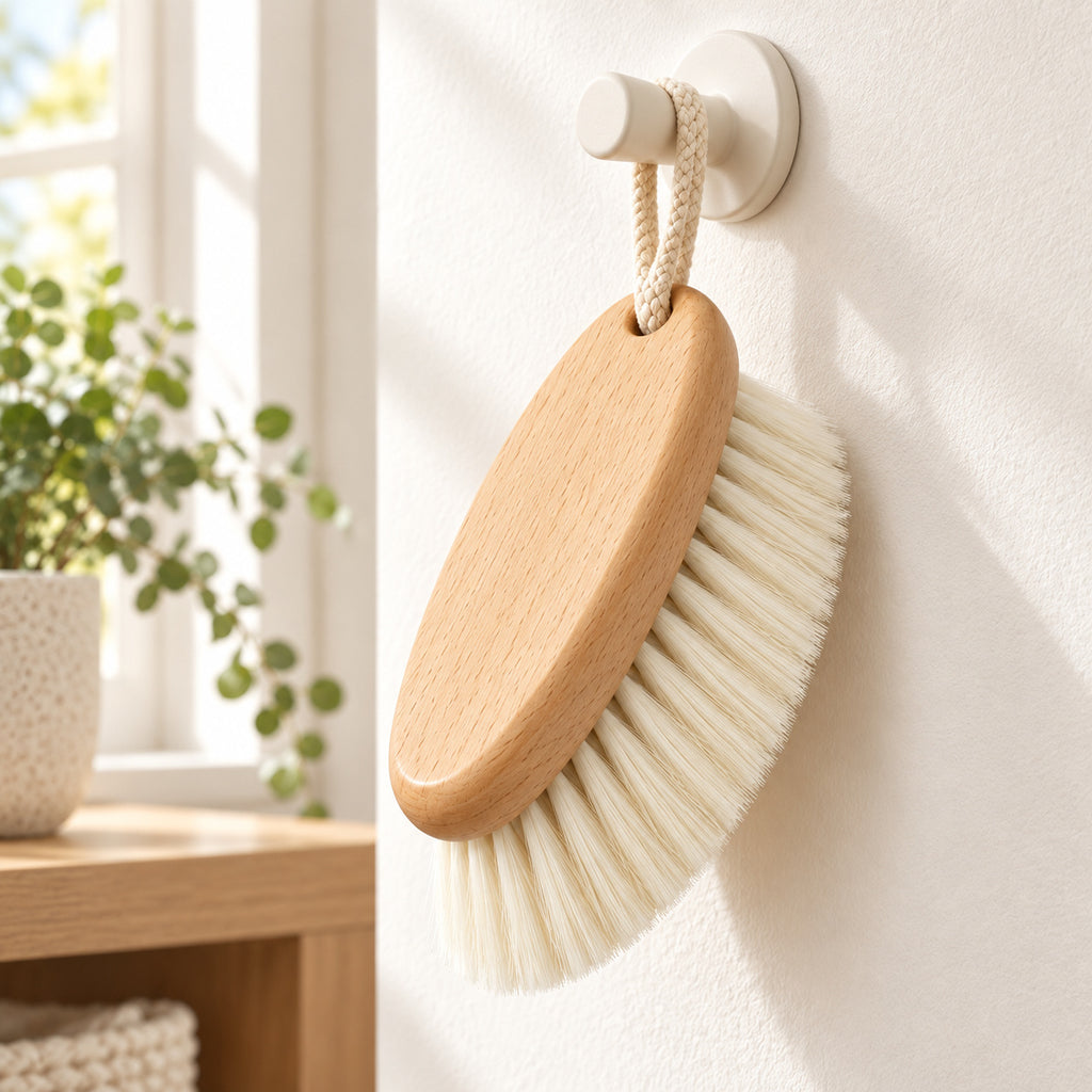 Hunitere Wood-Look Cleaning Brush with Cream Bristles and Rope Loop