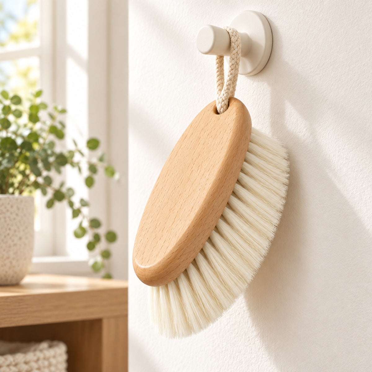 Hunitere Wood-Look Cleaning Brush with Cream Bristles and Rope Loop