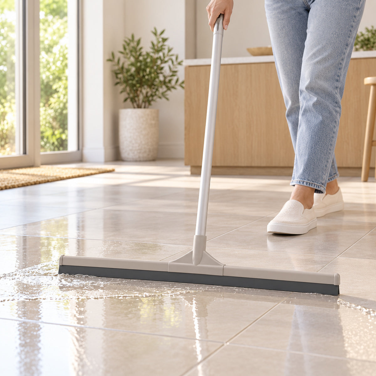 Hunitere Light Gray Floor Squeegee with Long Handle and Wide Blade