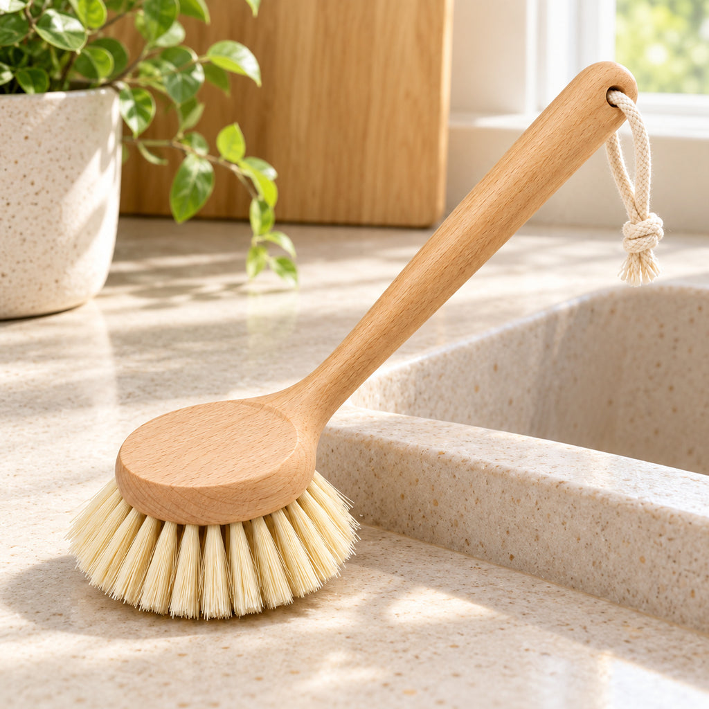 Hunitere Wood-Look Dish Brush with Round Bristle Head and Rope Loop