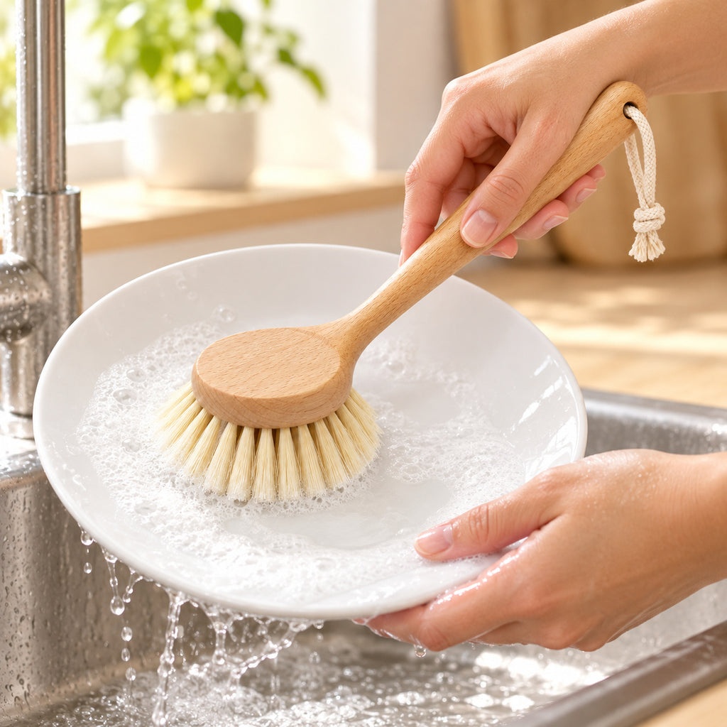 Hunitere Wood-Look Dish Brush with Round Bristle Head and Rope Loop