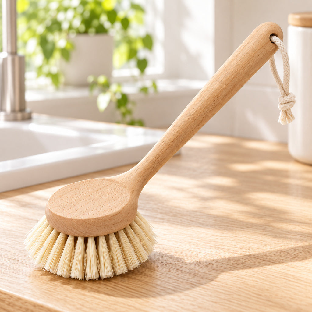 Hunitere Wood-Look Dish Brush with Round Bristle Head and Rope Loop