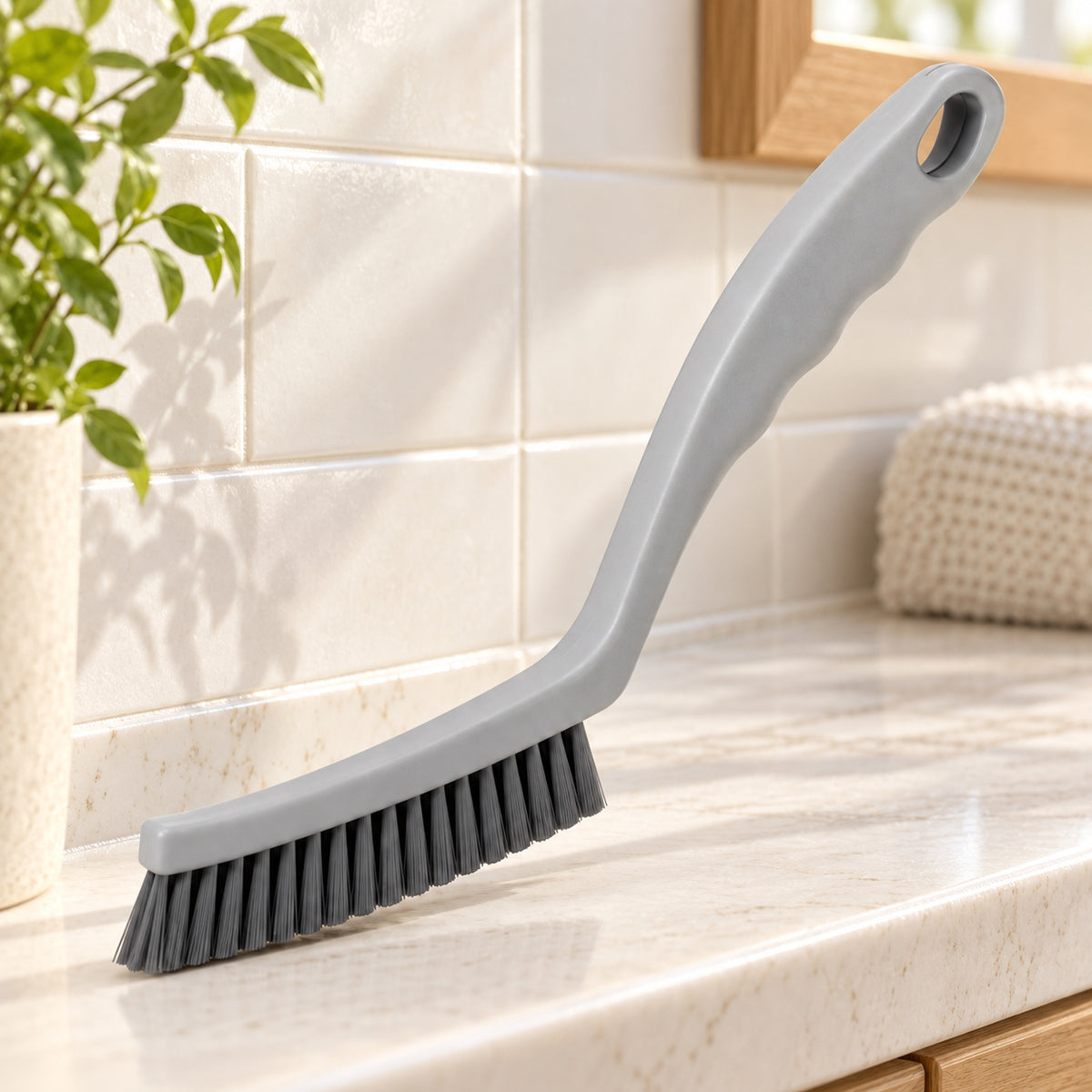 Hunitere Gray Curved Scrub Brush with Dark Bristles and Hanging Hole