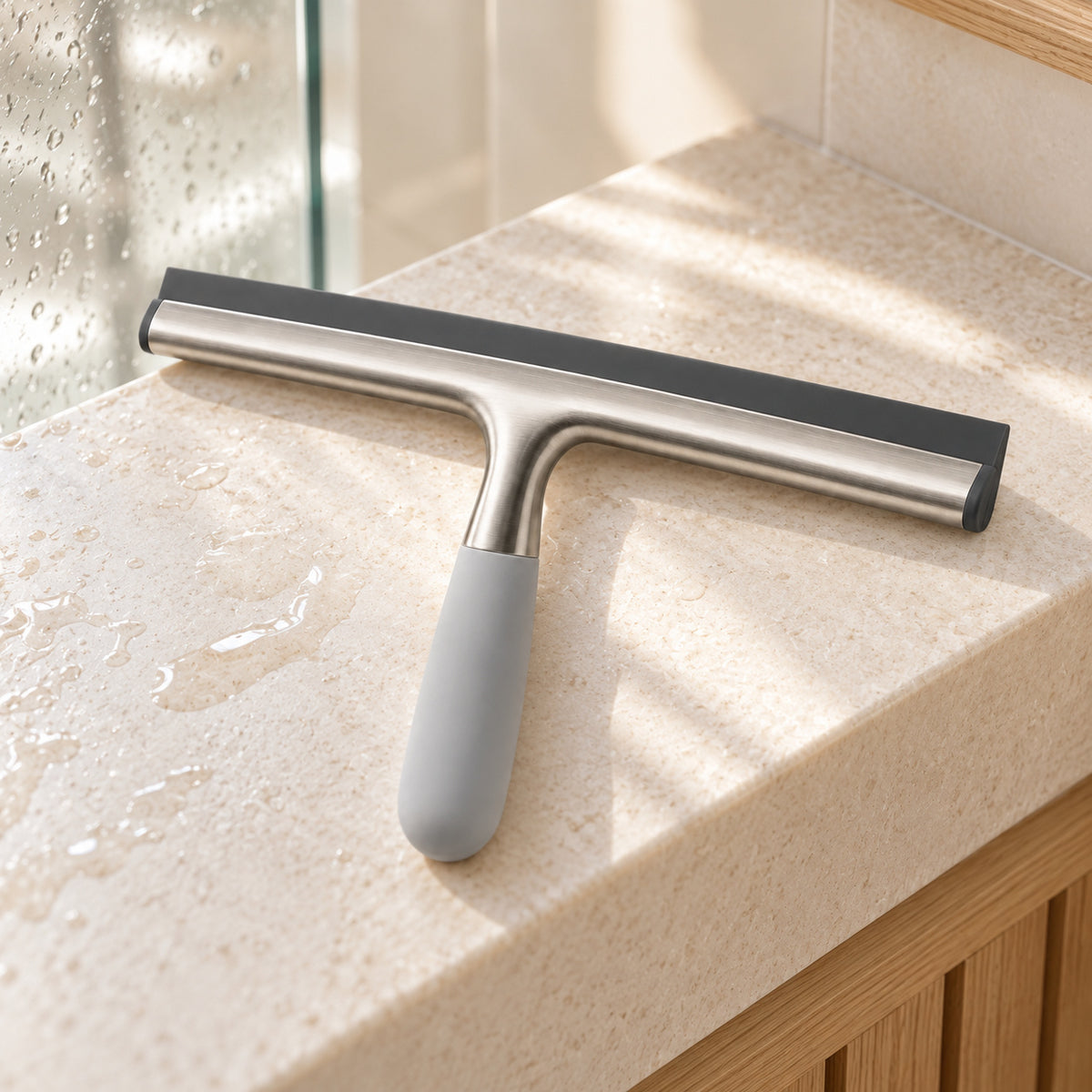 Hunitere Silver-Tone Window Squeegee with Gray Handle and Wide Blade