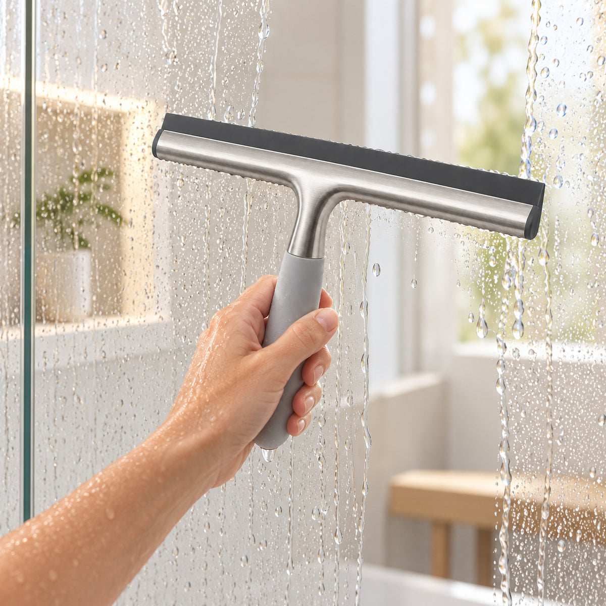 Hunitere Silver-Tone Window Squeegee with Gray Handle and Wide Blade