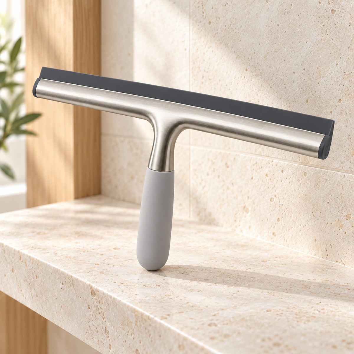 Hunitere Silver-Tone Window Squeegee with Gray Handle and Wide Blade