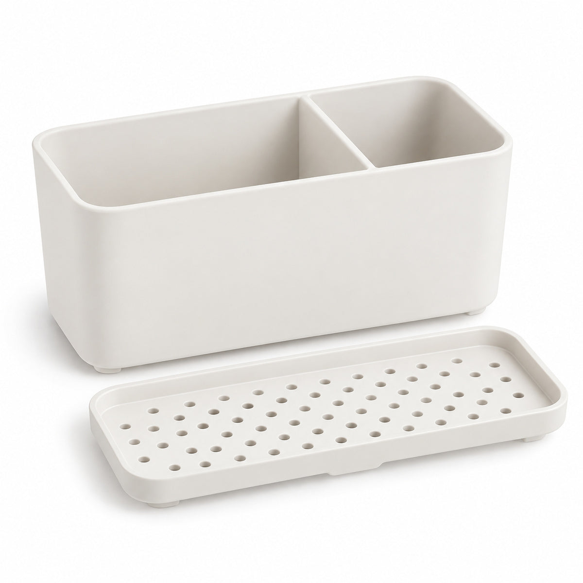 Hunitere White Two-Compartment Sink Organizer with Perforated Base Tray
