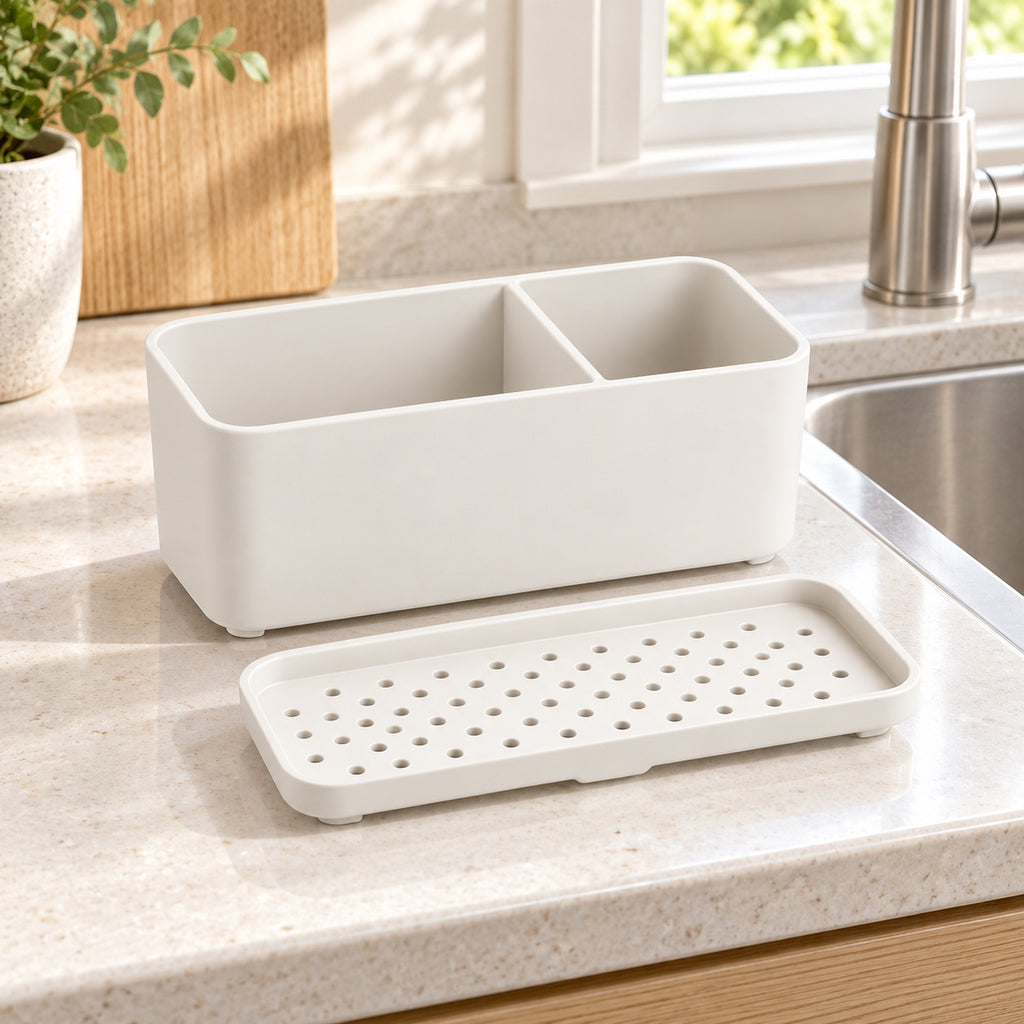 Hunitere White Two-Compartment Sink Organizer with Perforated Base Tray