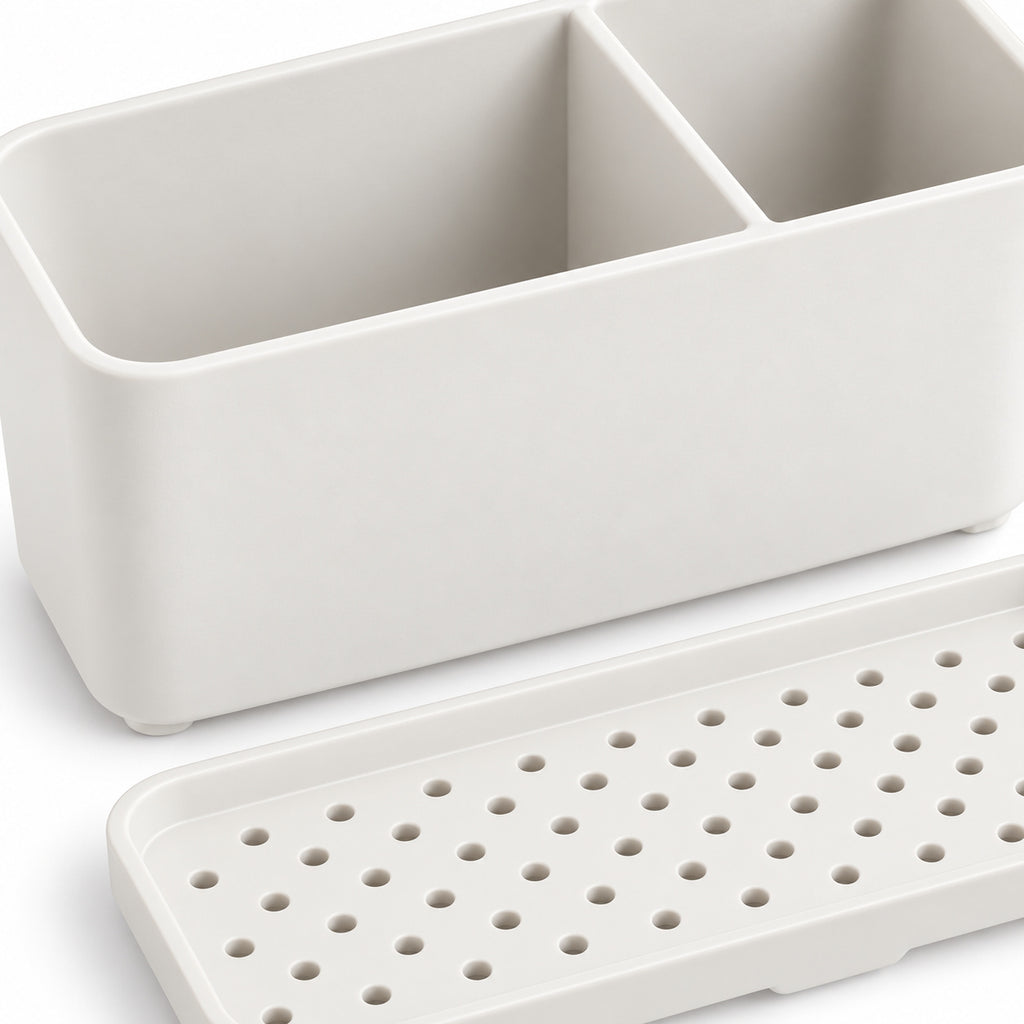 Hunitere White Two-Compartment Sink Organizer with Perforated Base Tray