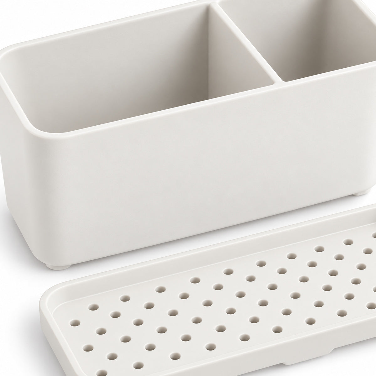 Hunitere White Two-Compartment Sink Organizer with Perforated Base Tray