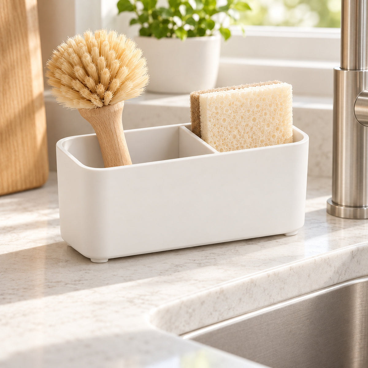 Hunitere White Two-Compartment Sink Organizer with Perforated Base Tray
