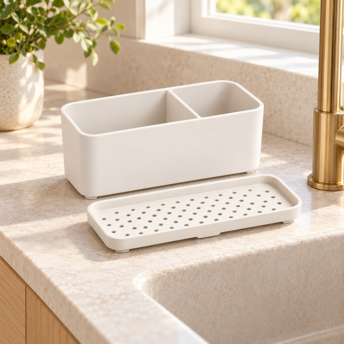 Hunitere White Two-Compartment Sink Organizer with Perforated Base Tray