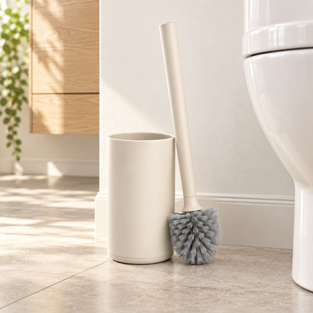 Hunitere Cream Toilet Brush Set with Gray Bristle Head and Storage Holder