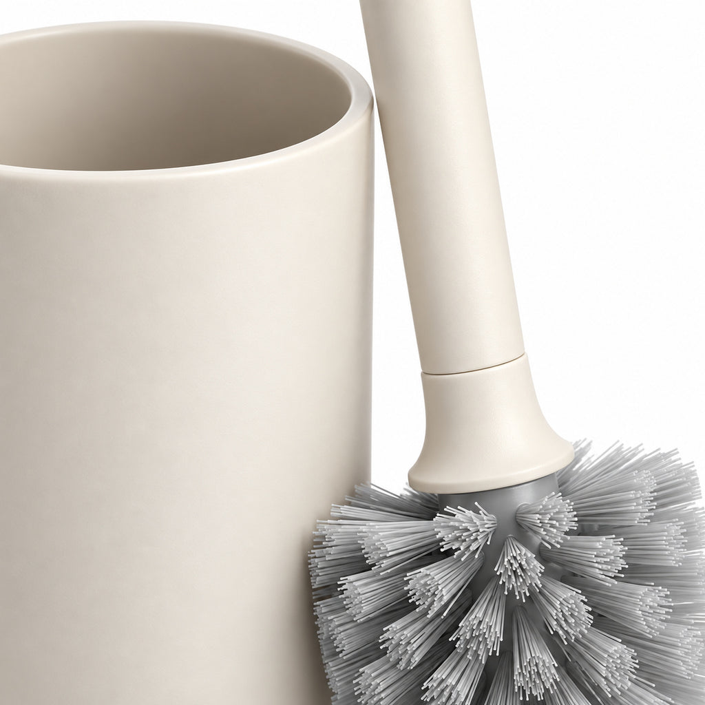 Hunitere Cream Toilet Brush Set with Gray Bristle Head and Storage Holder