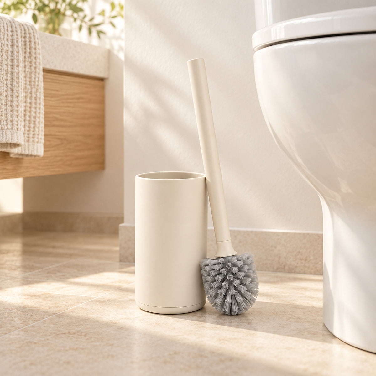 Hunitere Cream Toilet Brush Set with Gray Bristle Head and Storage Holder