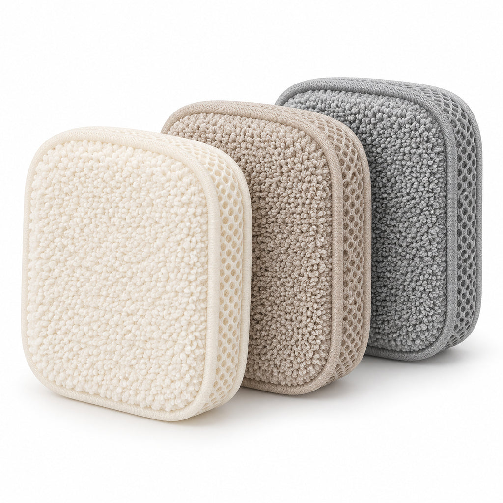 Hunitere Three-Pack Microfiber Scrub Sponge Set with Cream, Beige, and Gray Pads