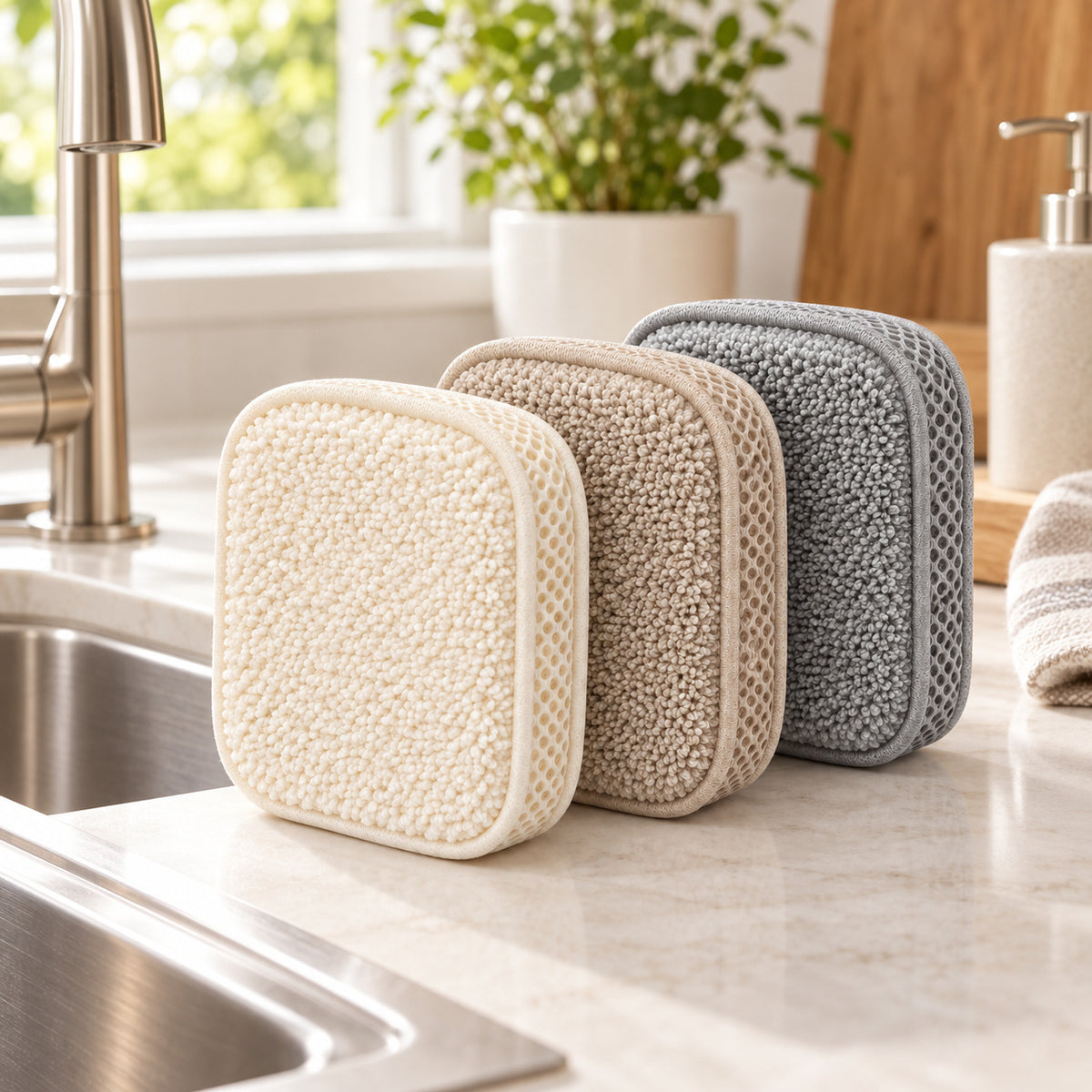 Hunitere Three-Pack Microfiber Scrub Sponge Set with Cream, Beige, and Gray Pads