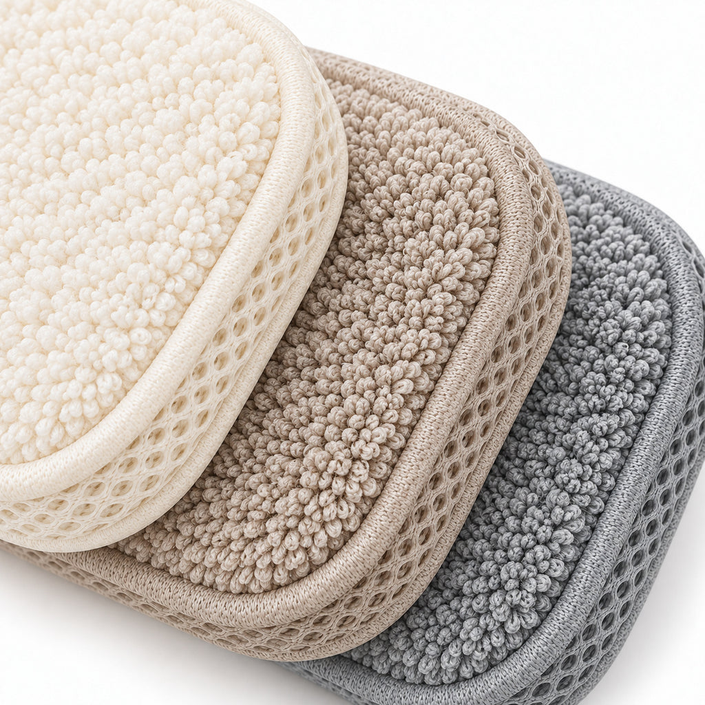 Hunitere Three-Pack Microfiber Scrub Sponge Set with Cream, Beige, and Gray Pads