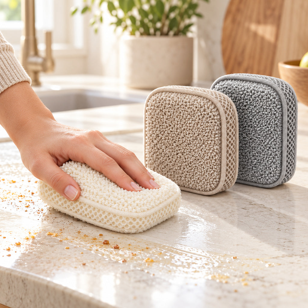 Hunitere Three-Pack Microfiber Scrub Sponge Set with Cream, Beige, and Gray Pads