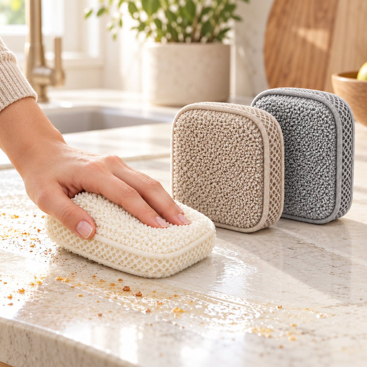 Hunitere Three-Pack Microfiber Scrub Sponge Set with Cream, Beige, and Gray Pads