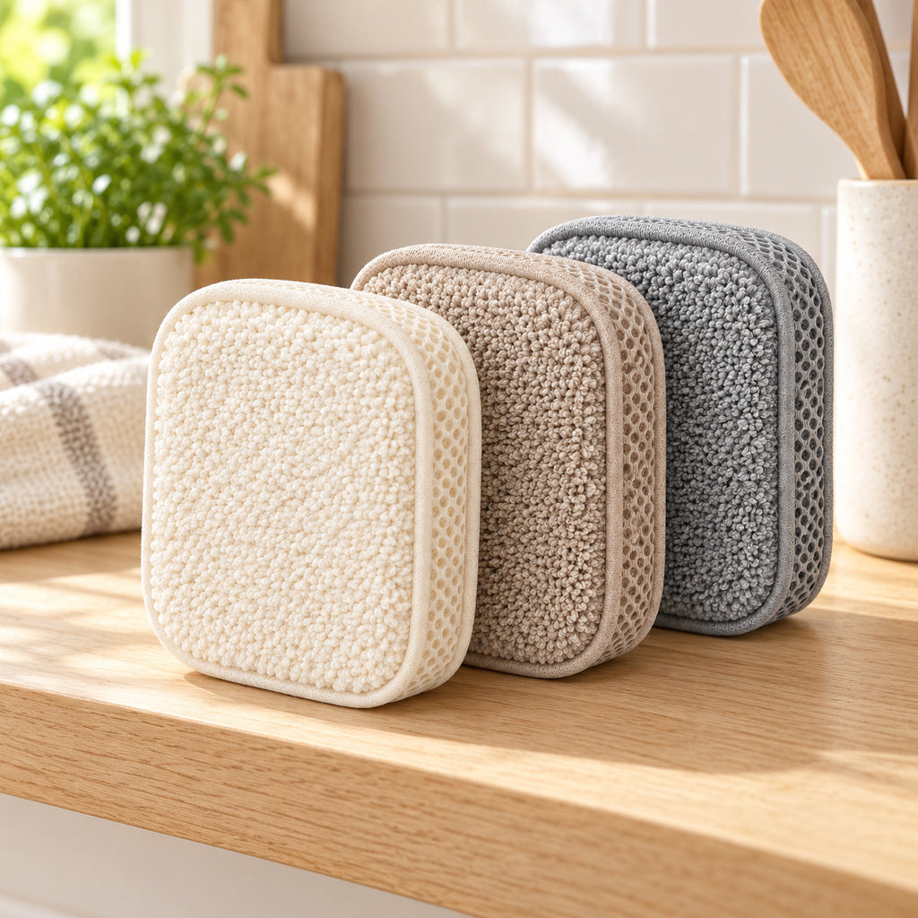 Hunitere Three-Pack Microfiber Scrub Sponge Set with Cream, Beige, and Gray Pads