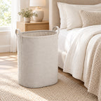 Hunitere Beige Fabric-Look Laundry Hamper with Dual Handle Straps