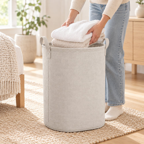 Hunitere Beige Fabric-Look Laundry Hamper with Dual Handle Straps