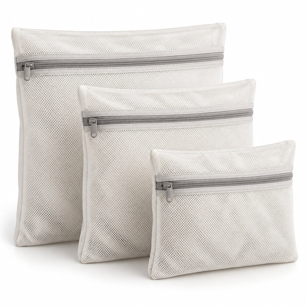 Hunitere Three-Pack White Mesh Laundry Bags with Zipper Closure