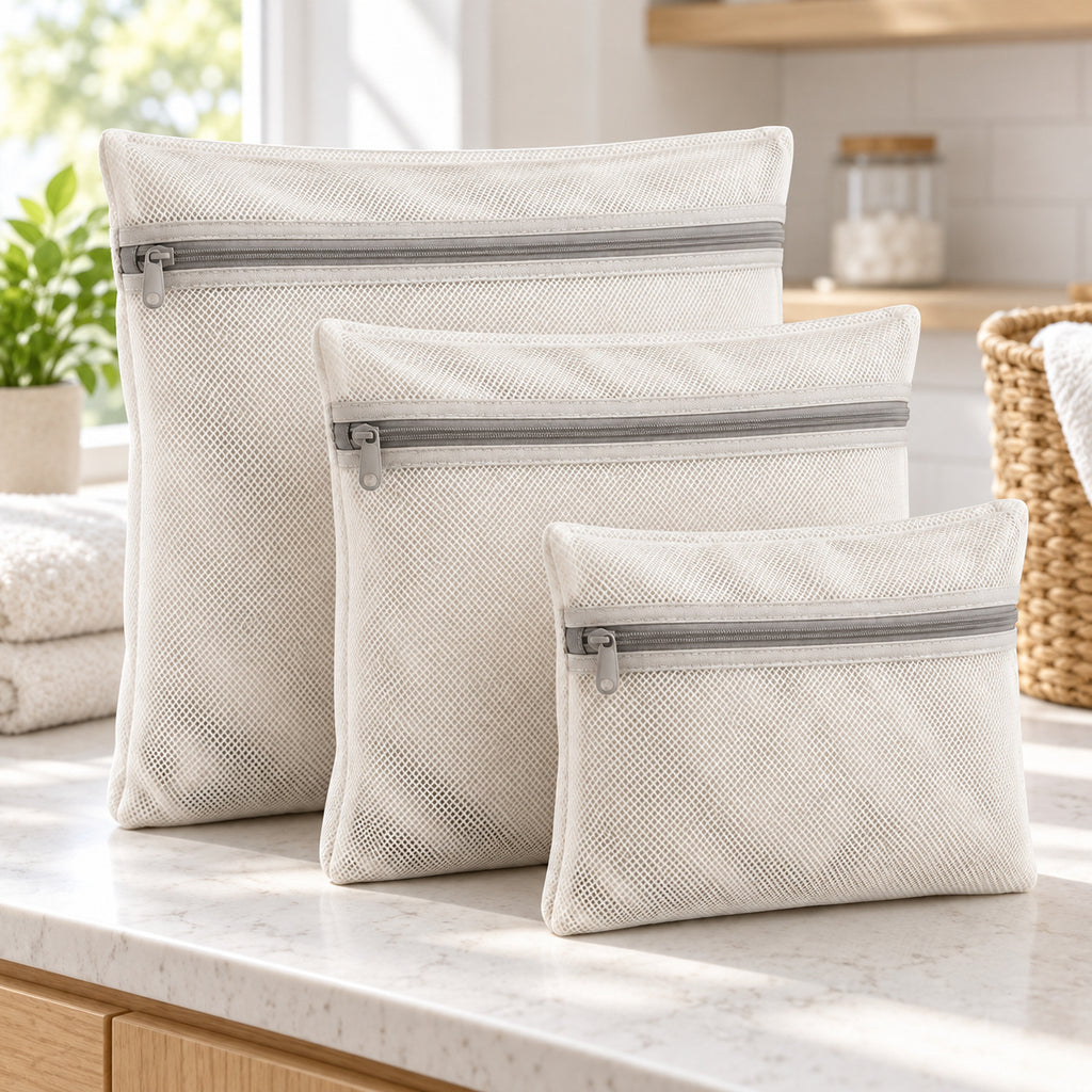 Hunitere Three-Pack White Mesh Laundry Bags with Zipper Closure