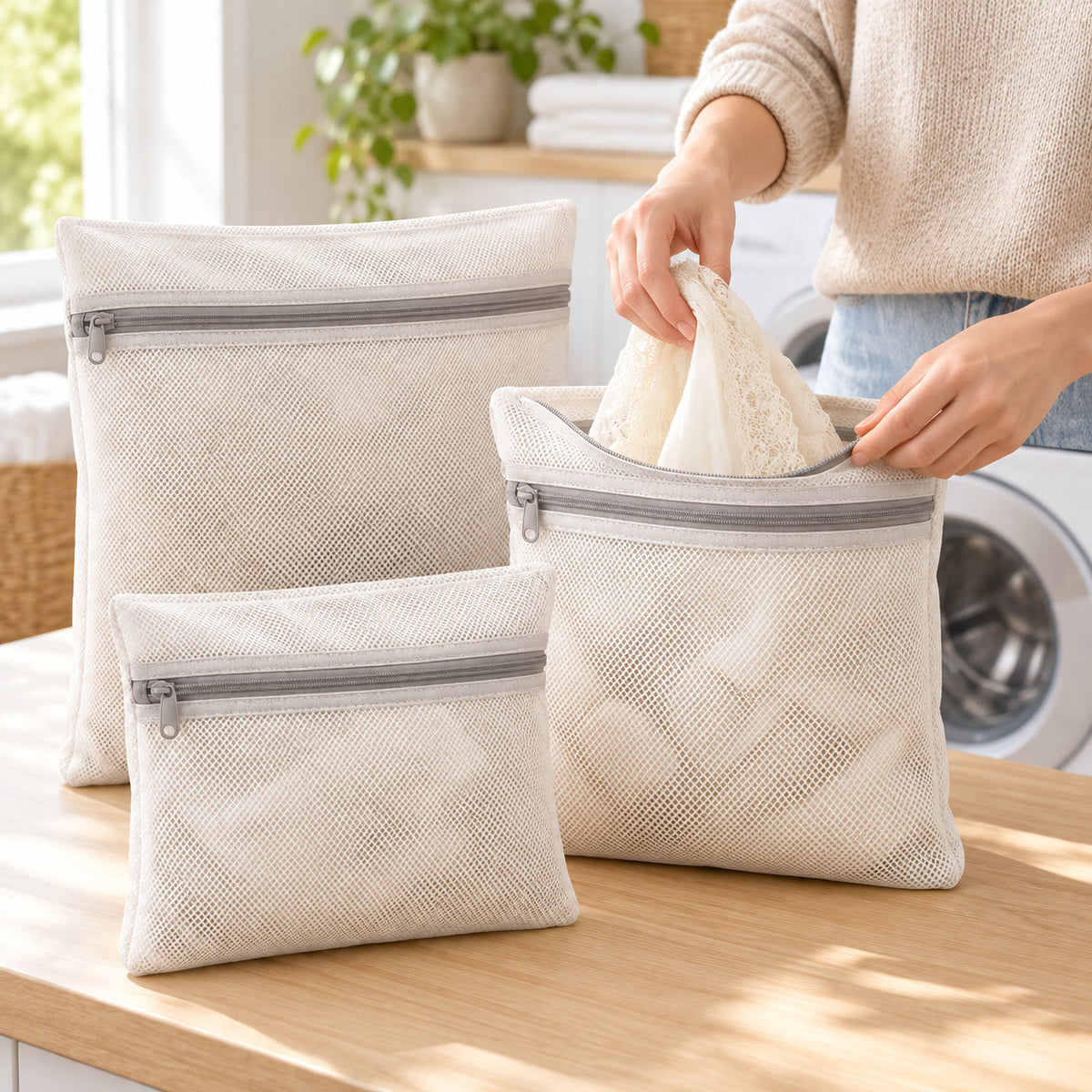 Hunitere Three-Pack White Mesh Laundry Bags with Zipper Closure