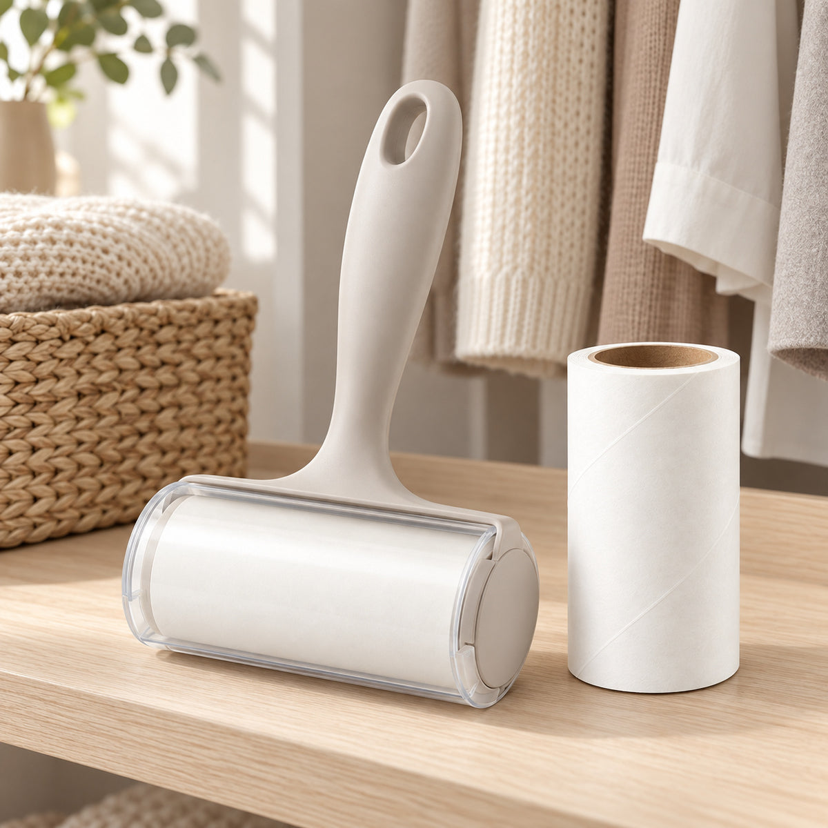 Hunitere Cream Lint Roller Set with Refill Roll and Easy-Grip Handle
