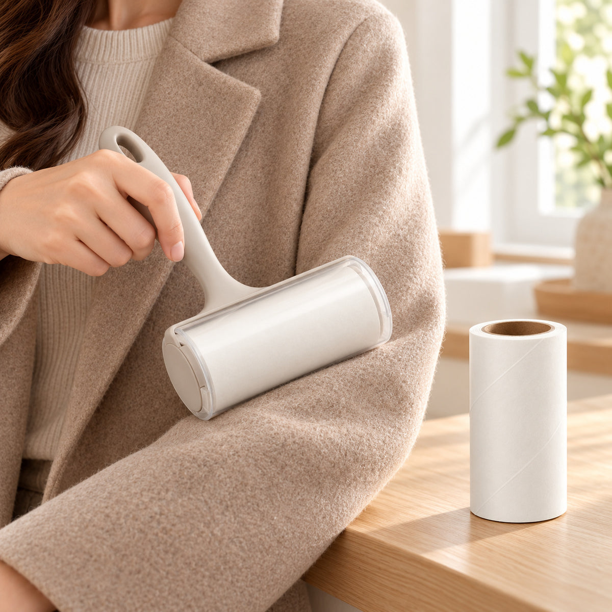 Hunitere Cream Lint Roller Set with Refill Roll and Easy-Grip Handle