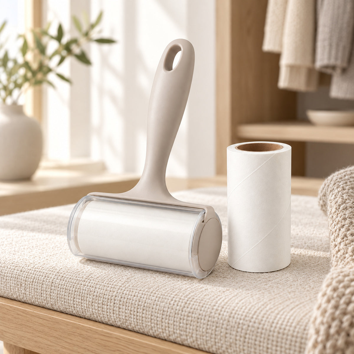 Hunitere Cream Lint Roller Set with Refill Roll and Easy-Grip Handle
